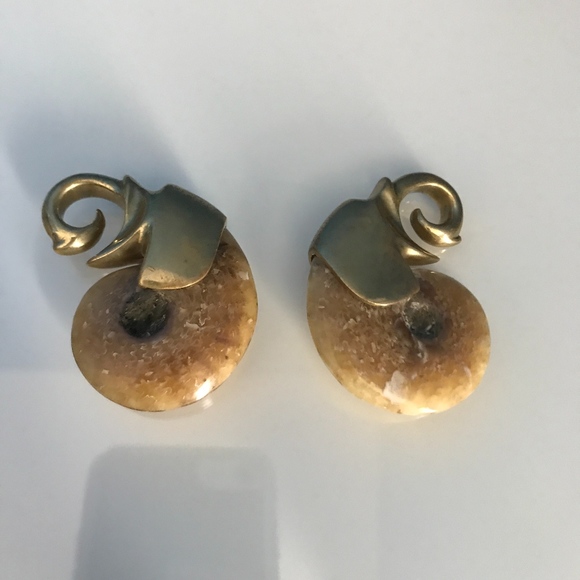 SOLD- QUETZALLI Brass and Ammonite Ear Weights - Picture 2 of 2